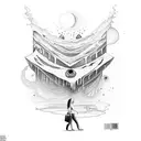 A surrealistic artwork depicting a bohemian scene with vibrant colors and abstract elements, showcasing the love for art and bohemia. tattoo design idea