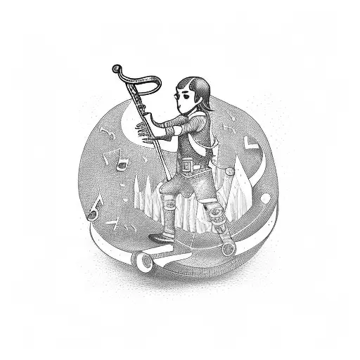 pied piper with musical notes from pipe sword on back and children following the music  tattoo design idea