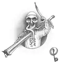 pied piper with musical notes from pipe sword on back   tattoo design idea