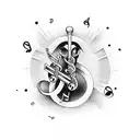 pied piper with musical notes from pipe sword on back   tattoo design idea