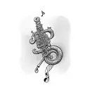 pied piper with musical notes from pipe sword on back   tattoo design idea