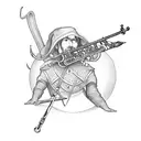 pied piper with musical notes from pipe sword on back   tattoo design idea