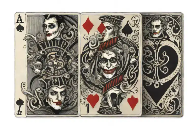 4 playing cards with the side cards being the joker card and the middle 2 being 1 as a number 1 of hearts and a heart 7  tattoo design idea