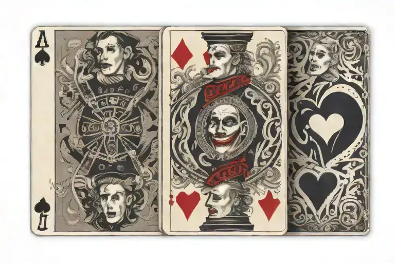 4 playing cards with the side cards being the joker card and the middle 2 being 1 as a number 1 of hearts and a heart 7  tattoo design idea