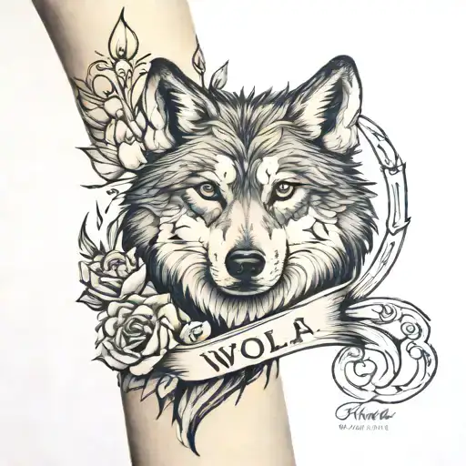 forearm tatto of wolf with hidden name Trisha tattoo design idea
