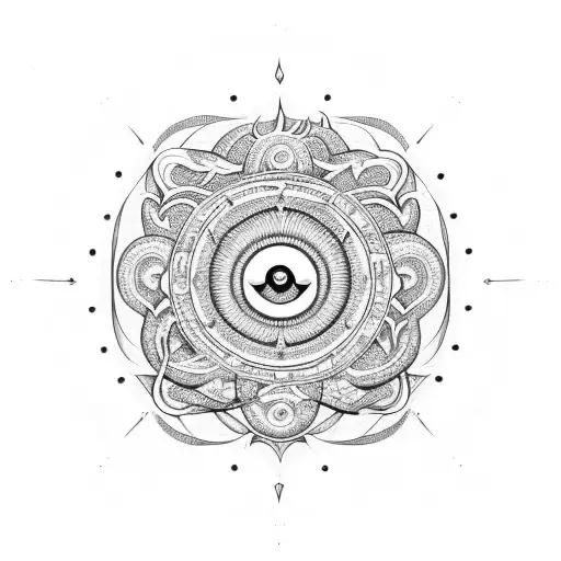 An intricately designed mandala incorporating snakes, moon, and sun elements tattoo design idea