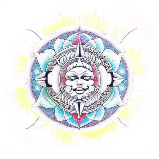 A moon and sun mandala with snakes incorporated in a mesmerizing dotwork design tattoo design idea