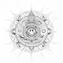 An intricately designed mandala incorporating snakes, moon, and sun elements tattoo design idea