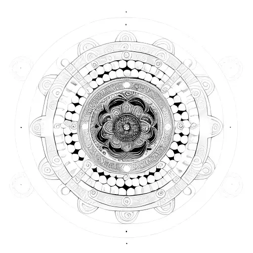 Intricate black and grey spiral mandala with phases of the moon tattoo design idea