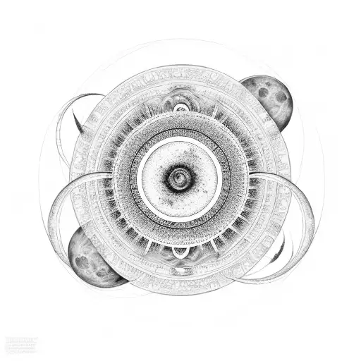 Intricate black and grey spiral mandala with phases of the moon tattoo design idea