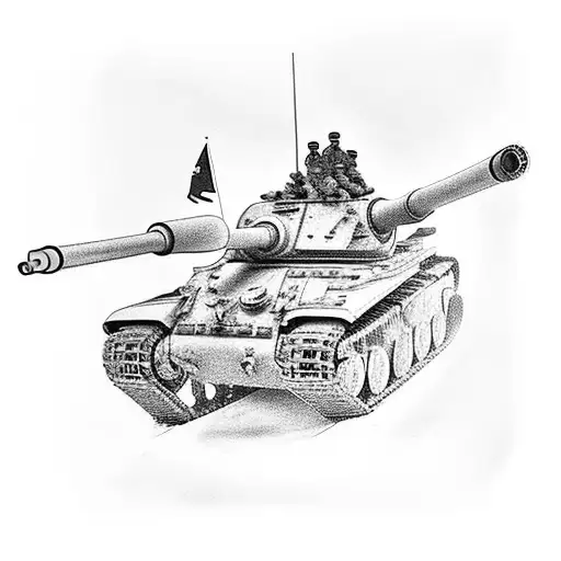 A detailed black and grey tattoo of a military tank surrounded by family members, symbolizing the client's dedication to both their job in the army and their loved ones tattoo design idea