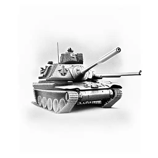 A detailed black and grey tattoo of a military tank surrounded by family members, symbolizing the client's dedication to both their job in the army and their loved ones tattoo design idea