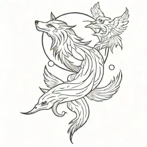 Phoenix, koi fish and wolf howling at the moon tattoo design idea