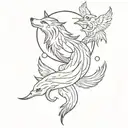 Phoenix, koi fish and wolf howling at the moon tattoo design idea