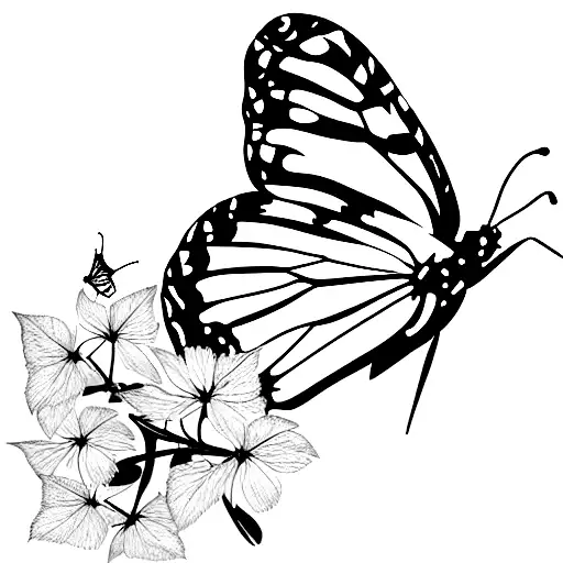 monarch butterfly flying over a hydrangea and a sage sprig tattoo design idea