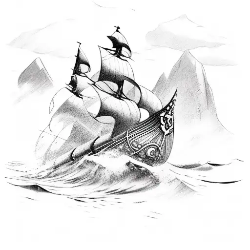 viking sailing in rough seas on woodem long boat tattoo design idea