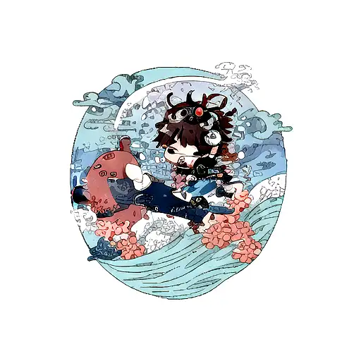japanese waves style with whales, octopus and scuba diver monster tattoo design idea