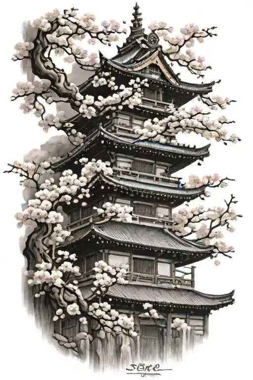 japanese super tall temple surrounded by cherry blossom tree tattoo design idea