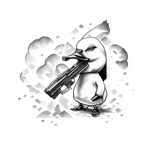 Duck holding a gun while wearing a mafia outfit tattoo design idea
