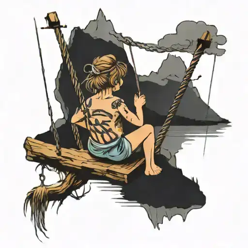 child sitting on a back swing looking towards a lake (the water is shown old) surrounded by mountains tattoo design idea