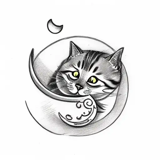 A whimsical sketch-style tattoo of a cat sitting on a crescent moon, holding a plate of snacks like a merendeira tattoo design idea
