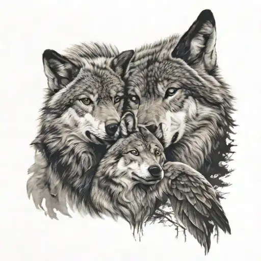 wolf in background and infront a father daughter and mother hugging each other  tattoo design idea