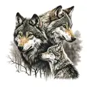 wolf in background and infront a father daughter and mother hugging each other  tattoo design idea