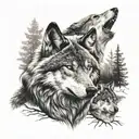 wolf in background and infront a father daughter and mother hugging each other  tattoo design idea