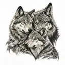 wolf in background and infront a father daughter and mother hugging each other  tattoo design idea