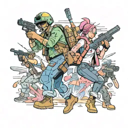 An action-packed scene of a PUBG battle royale with detailed characters wielding guns and engaging in combat, set in a new-school style with vibrant colors and dynamic poses tattoo design idea