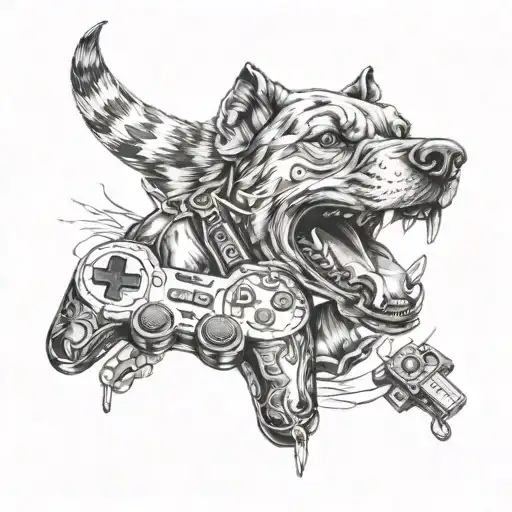 A realistic portrait of a fierce looking dog holding a gaming controller in its mouth, with a subtle background of game elements like bullets and grenades tattoo design idea