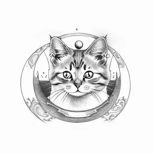 cat with its tail as a blue crescent moon tattoo design idea