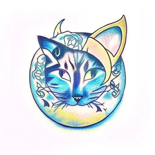 cat and crescent moon blue  tattoo design idea