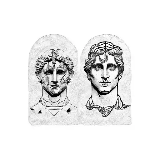 Apollo and Dionysus statue split face tattoo design idea