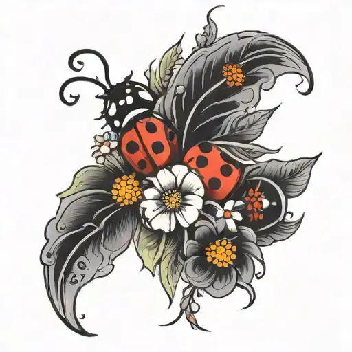 complete arm sleeve of  black and gray flowers with colorful ladybug tattoo design idea