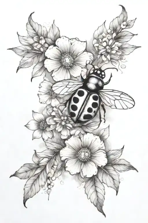 complete arm sleeve of  black and gray flowers with colorful ladybug tattoo design idea