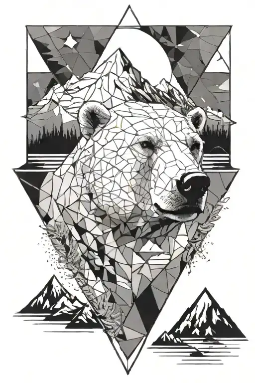 polar bear head at top of triangular design, below is a lake and mountains. shaded, black and white, geometric tattoo design idea