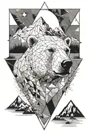 polar bear head at top of triangular design, below is a lake and mountains. shaded, black and white, geometric tattoo design idea