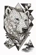 polar bear head at top of triangular design, below is a lake and mountains. shaded, black and white, geometric tattoo design idea
