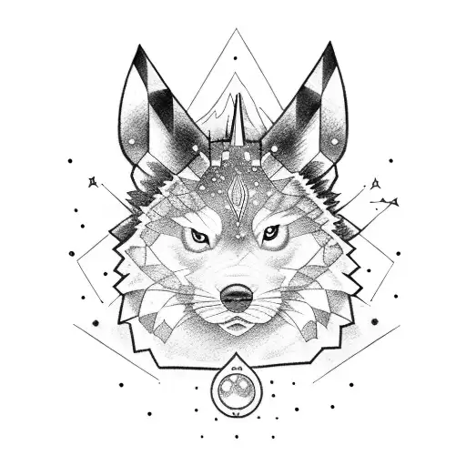bosque nocturno con la constelación del lobo en el cielo, en medio un pikachu tattoo design idea