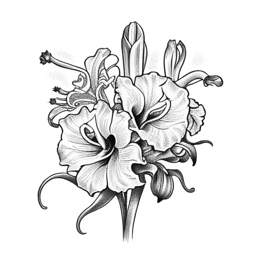 Bouquet>Marigold, Narcissus, Morning Glory, Gladiolus, Lilly of the Valley tattoo design idea