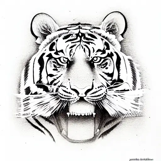 tiger head and body, inside the body the words "PRIMITIVE SAINTS" tattoo design idea