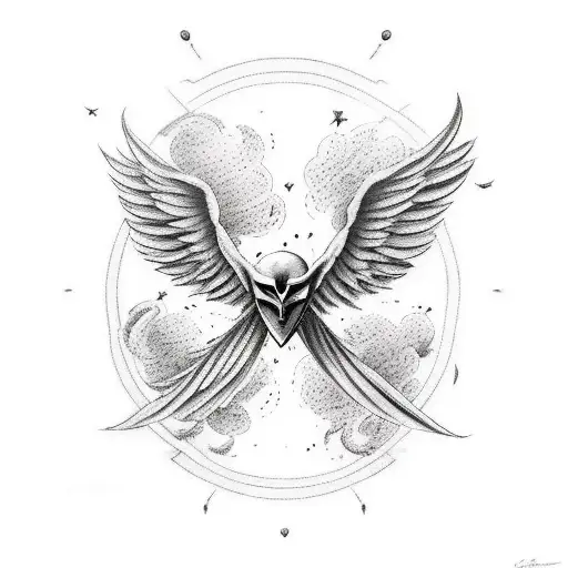 Fallen Angel falling  with shaded clouds and 3 birds  tattoo design idea