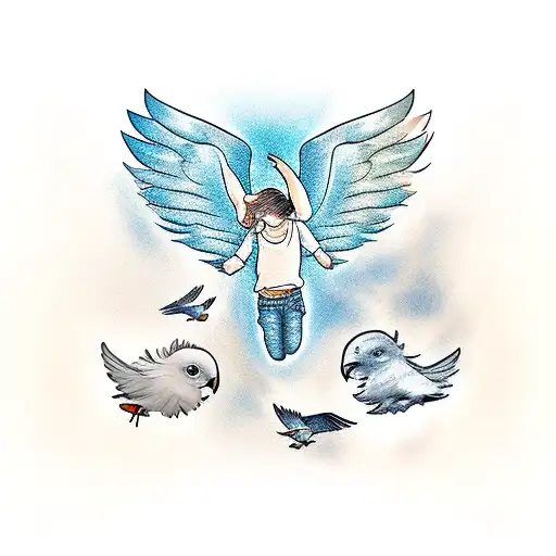 Fallen Angel falling  with shaded clouds and 3 birds  tattoo design idea