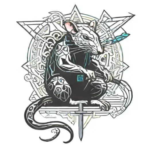rat with a sword behind his back in a meditation pose tattoo design idea