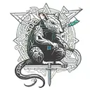 rat with a sword behind his back in a meditation pose tattoo design idea