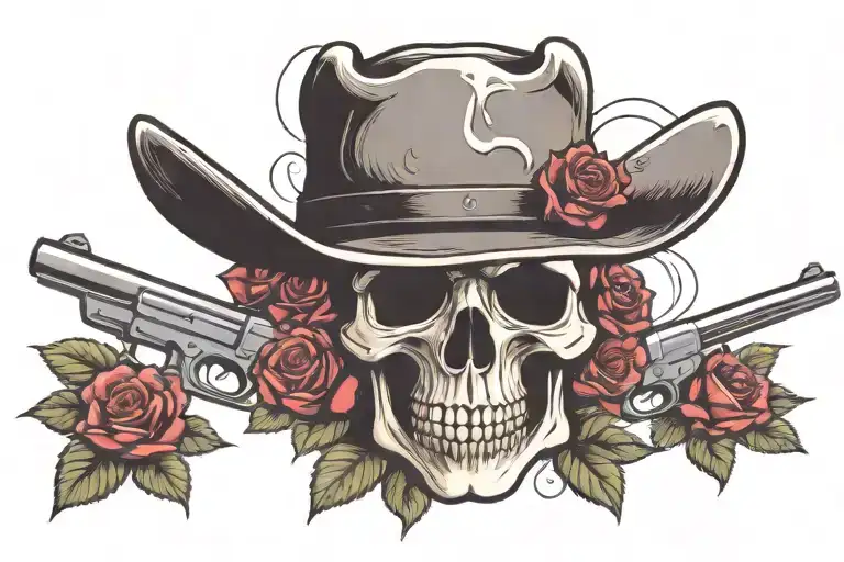 skull with cowboy hat, roses, guns crossed  tattoo design idea