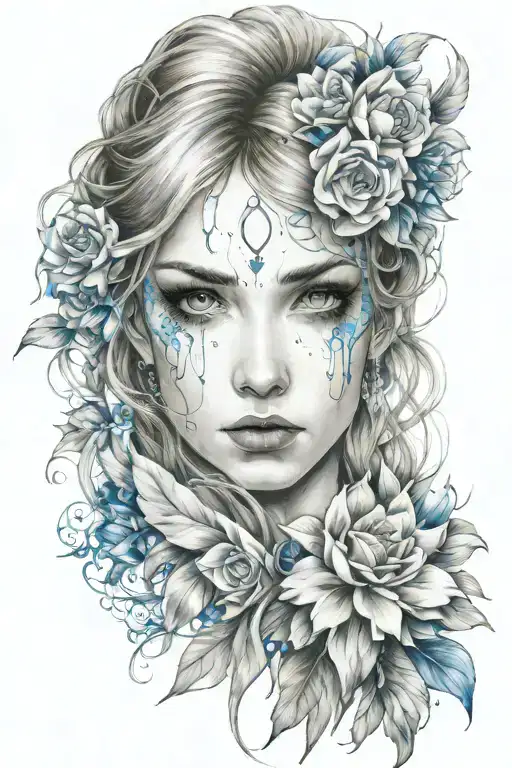 woman clow with blue eyes, crying tattoo design idea