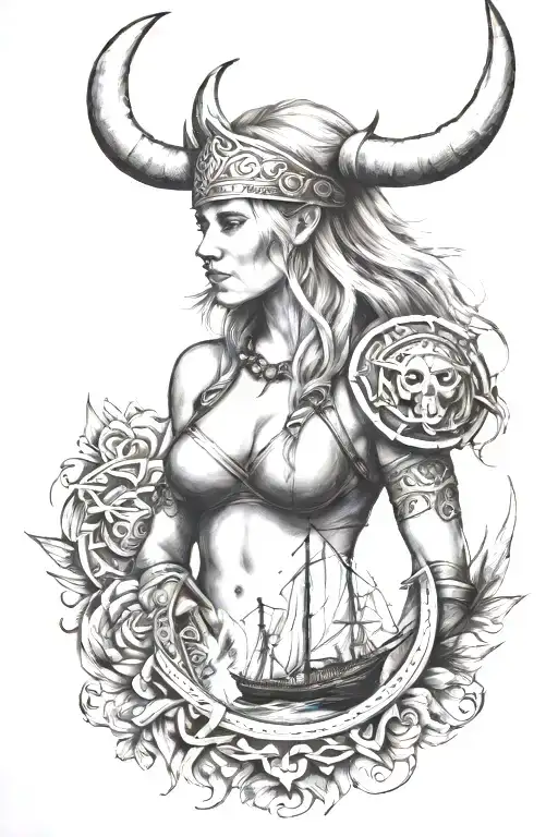 woman viking whit wapon and ship on the background tattoo design idea