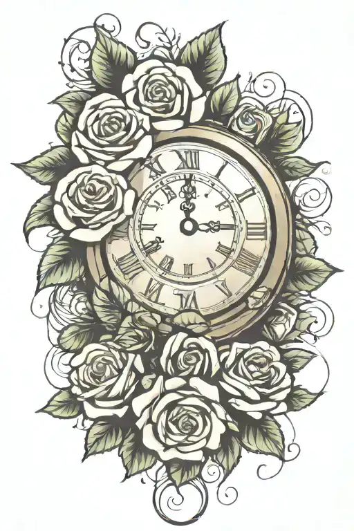 roses, leaves, clock tattoo design idea